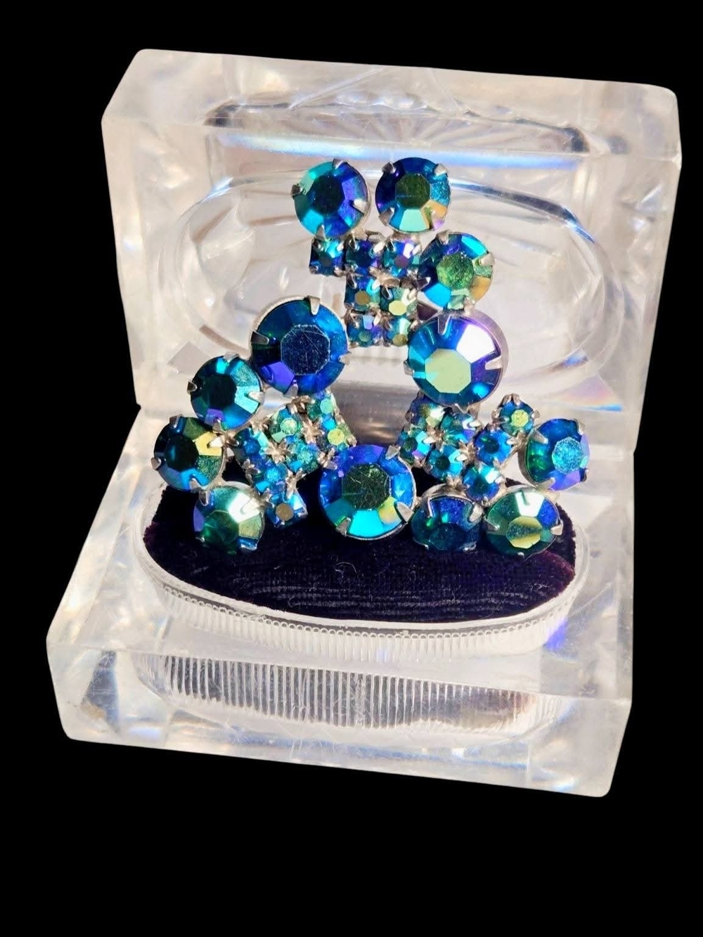 Vintage Blue Aurora Borealis Rhinestone Cluster Brooch